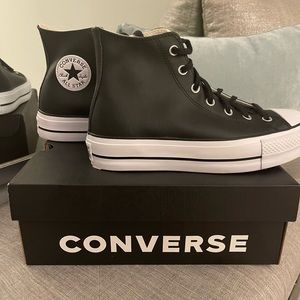 Converse Black Leather Platform High Top